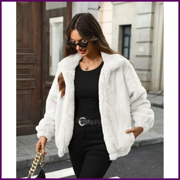 Faux Fur Lapel Zip Up Cropped Jacket Winter Coat Warm Fleece - Picture 4 of 7